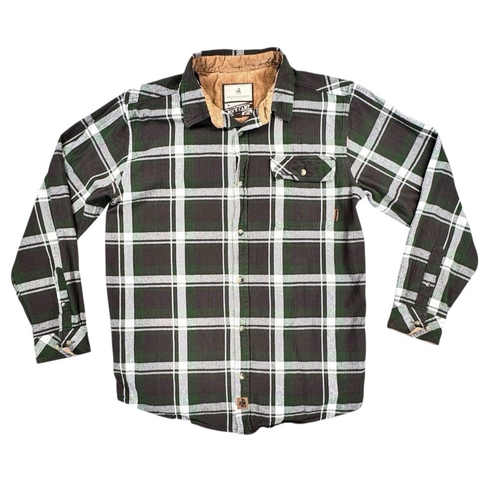 Legendary Whitetails Men's LT Buck Camp Flannel Shirt Green/Gray Plaid Lg Sleeve
